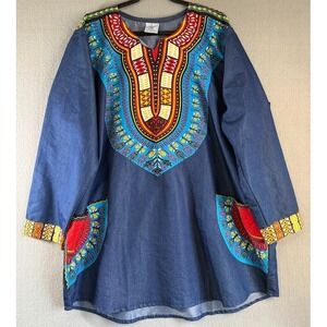 Kara‎ Chic Women Dress Size 3XL  Blue Crew Nek Long Sleeve Pockets Boho Casual